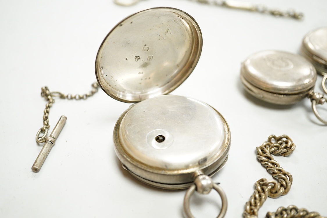 A late Victorian silver 'Improved Patent' open faced pocket watch, with Roman dial and subsidiary seconds, together with four other silver or white metal pocket/fob watches and three base metal chain sections.
